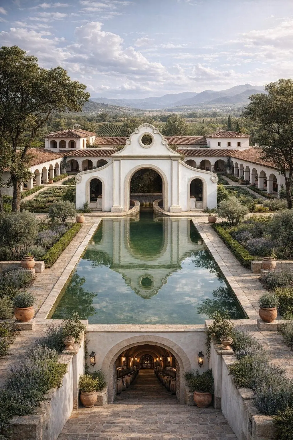 Hacienda courtyard with reflecting pool and arches